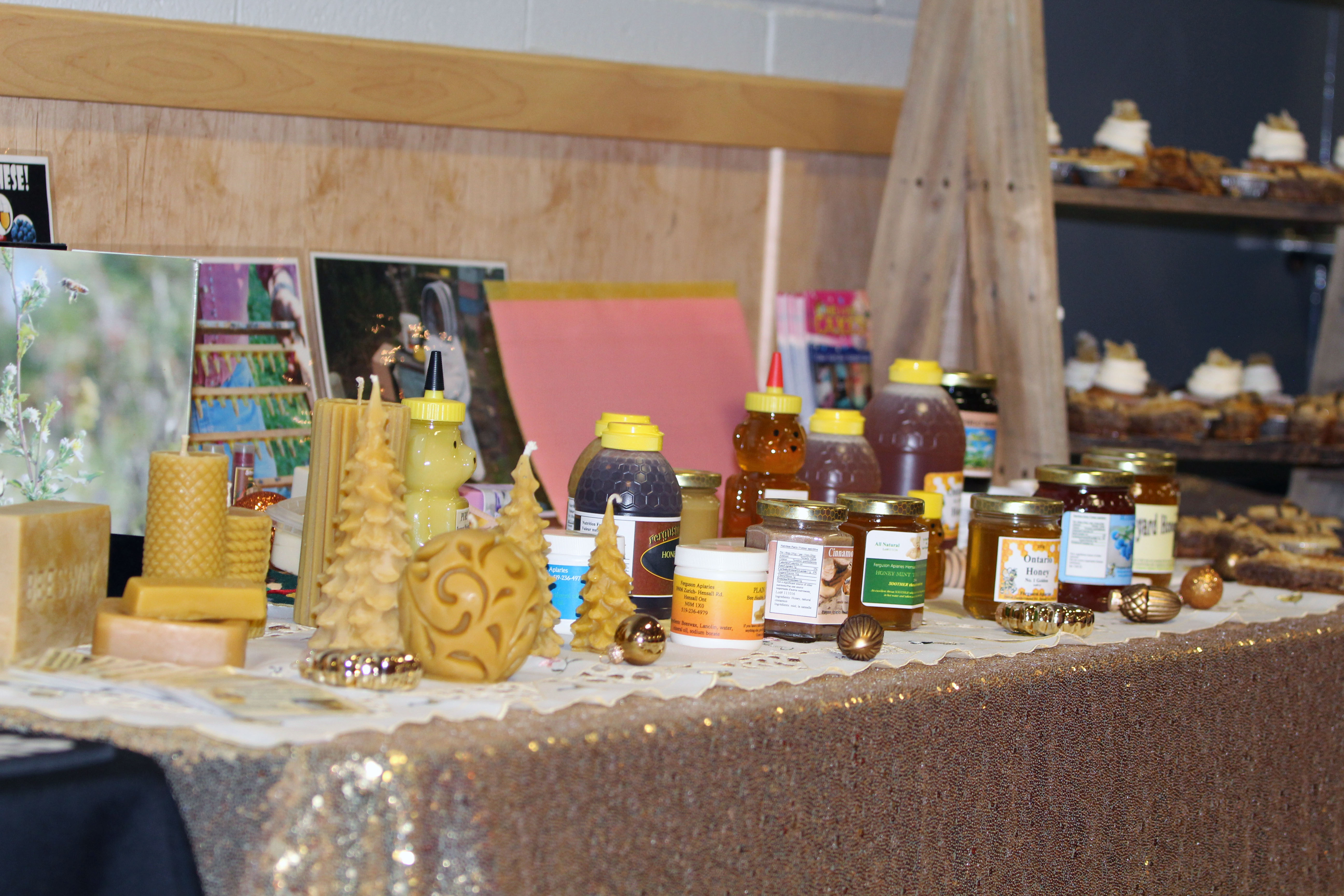 Table full of honey and honey products