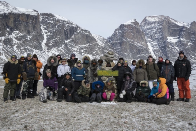 Pangnirtung students and Avon Maitland students at the arctic circle marker